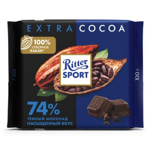 Шоколад Риттер Спорт 74% какао с насыщенным вкусом из Перу 100г