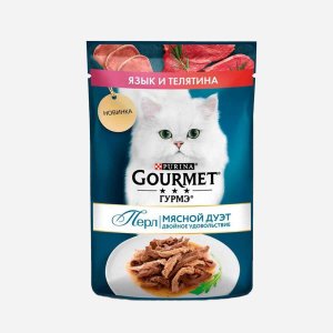 Корм Гурмэ Перл Мясной дуэт Язык/телятина в соусе пауч 75г