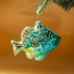 Украшение елочное Рыбка изумрудная стекло 11,5х4,5х8см