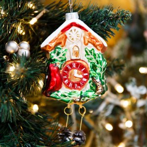 Украшение елочное Часы-ходики Сказочный лес стекло 7,5х4,5х16см