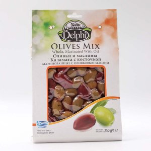 Оливки и маслины Делфи Каламата с косточкой маринованные с оливковым маслом в/у 250г