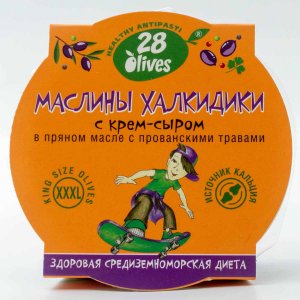 Маслины 28 Оливз Халкидики с крем-сыром в масле пл/ст 130г