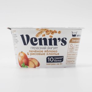 Йогурт Веннс Греческий Печеное яблоко/рисов хлопья 0.1% пл/ст 130г