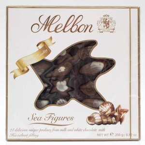 Конфеты Мелбон Морские фигуры из молочного и белого шоколада с начинкой орех пралине 250г