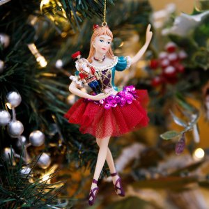 Украшение елочное БалеринаЩелкунчик в малиновой пачке стекло 8х14см