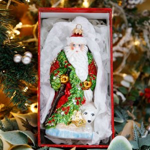 Украшение елочное Дед Мороз с белым медведем стекло 20х9,5см 100703