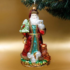 Украшение елочноеДедМороз с лесными жителями стекло 19,5х9,5см S656