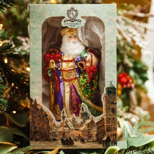 Украшение елочноеДедМороз с посохом стекло 18х11см D560