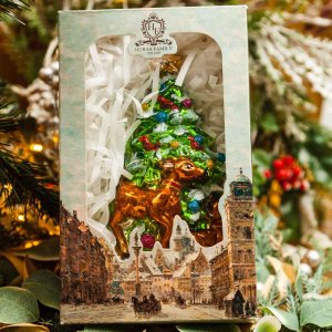 Украшение елочное Лесная елка с оленями стекло 18х10см S696