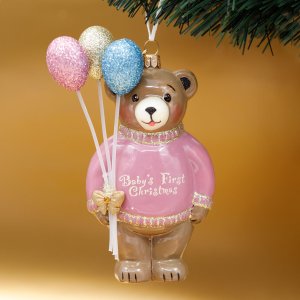 Украшение елочное Мишка ТеддиПервое рождество девочки стекло 12х5см