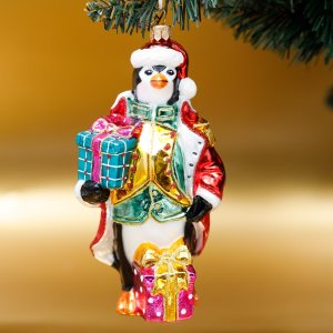 Украшение елочное Пингвин с подарками стекло 16х8см S775
