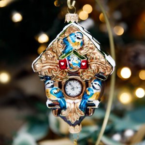 Украшение елочное Часы с синичками стекло 26х8см 0707.149