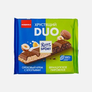 Шоколад Риттер Спорт Дуо Ореховый крем с хлопьями/пирожное молоч 218г