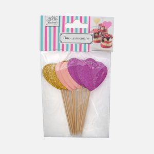 Пики Фиоленто д/канапе сердечеки Веселая вечеринка роз/зол 12шт