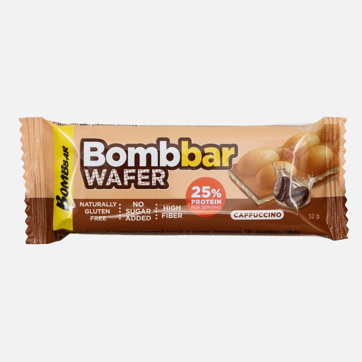 Батончик Бомббар вафельный Капучино с молочно-ореховой пастой 32г Батончик Бомббар вафельный Капучино с молочно-ореховой пастой 32г