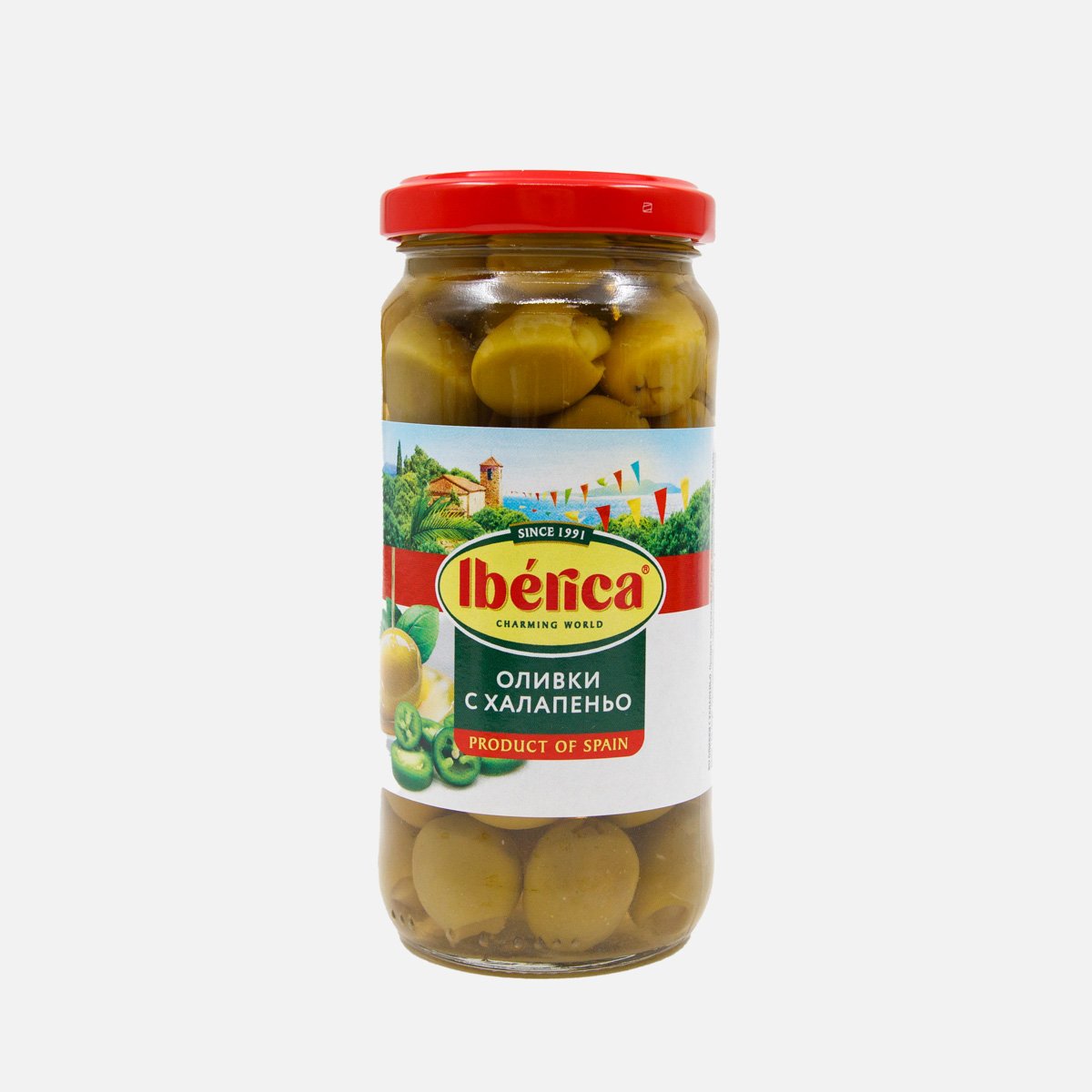 Оливки Иберика с халапеньо ст/б 235г Оливки Иберика с халапеньо ст/б 235г