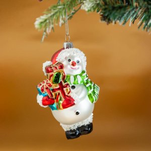 Украш елочХолидей КлассикСнеговичок с подарками стекло 7,5х6,5х11,5см